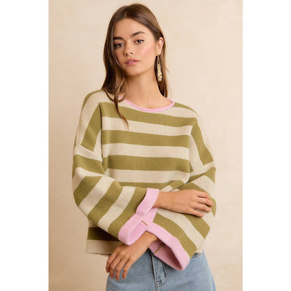 STRIPE CONTRAST BINDING AND REVERSIBLE SWEATER