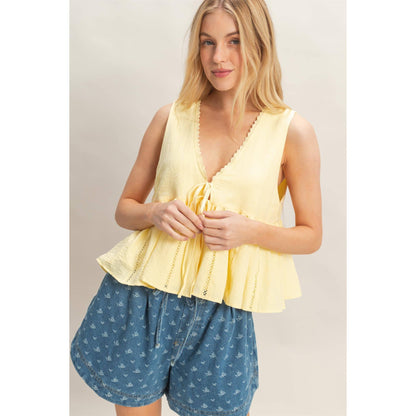 Lace Trim Tie Front Top: SAGE / S-M-L(2-2-2)