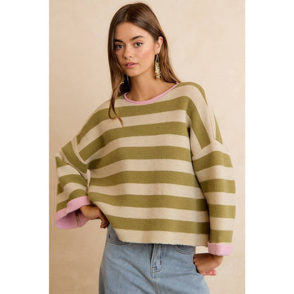 STRIPE CONTRAST BINDING AND REVERSIBLE SWEATER