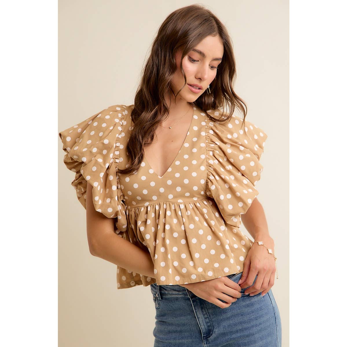 POLKA DOT BUBBLE SLEEVES BACK SMOCKED LINED BLOUSE TOP