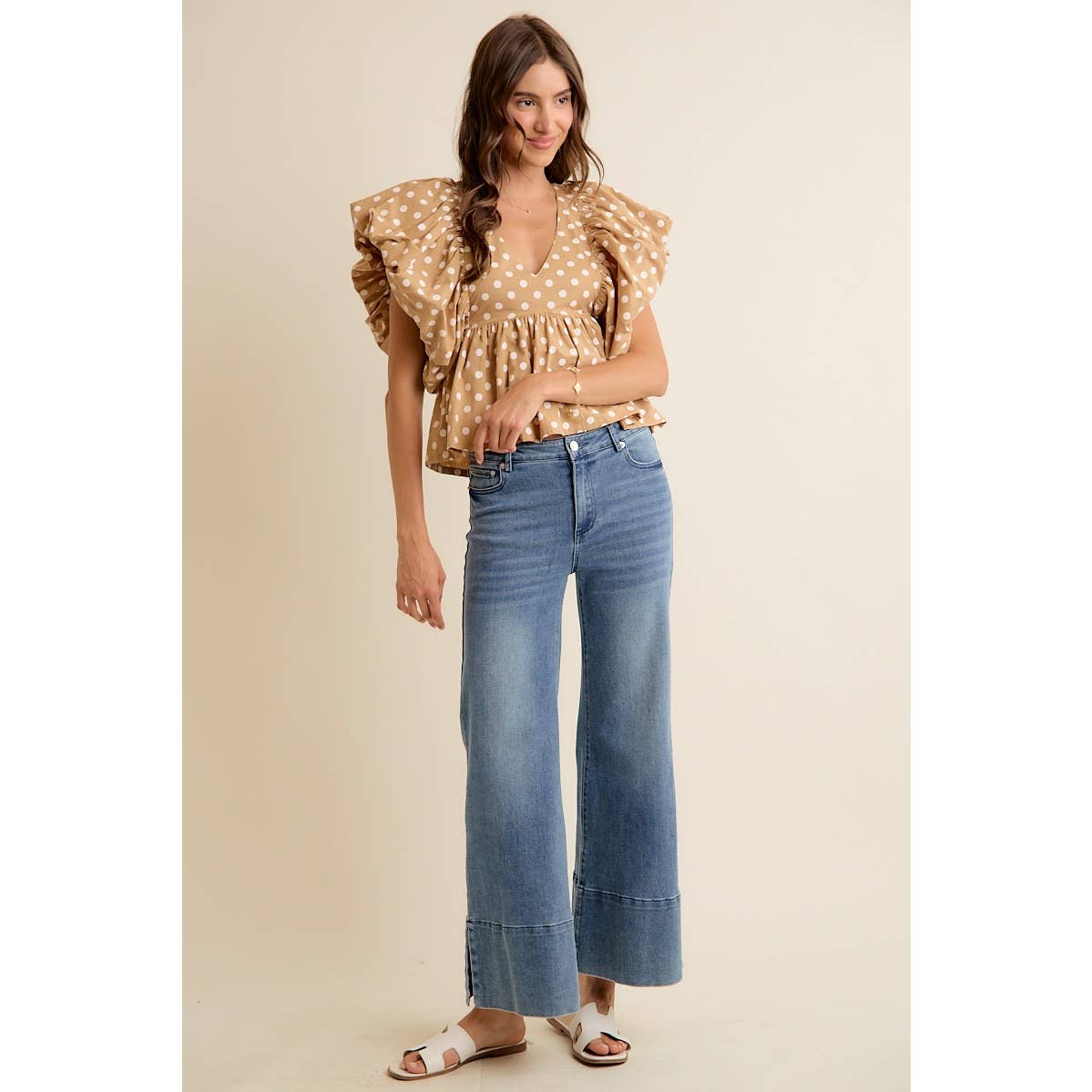 POLKA DOT BUBBLE SLEEVES BACK SMOCKED LINED BLOUSE TOP