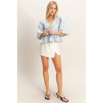 Blue Floral Tie-Front Peplum Top