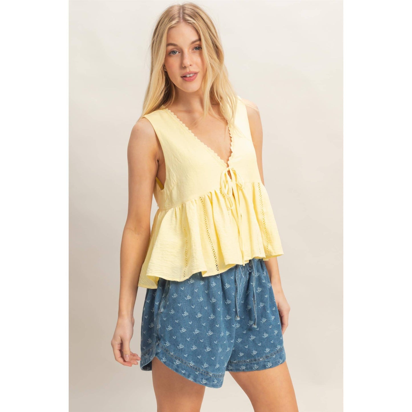 Lace Trim Tie Front Top: SAGE / S-M-L(2-2-2)