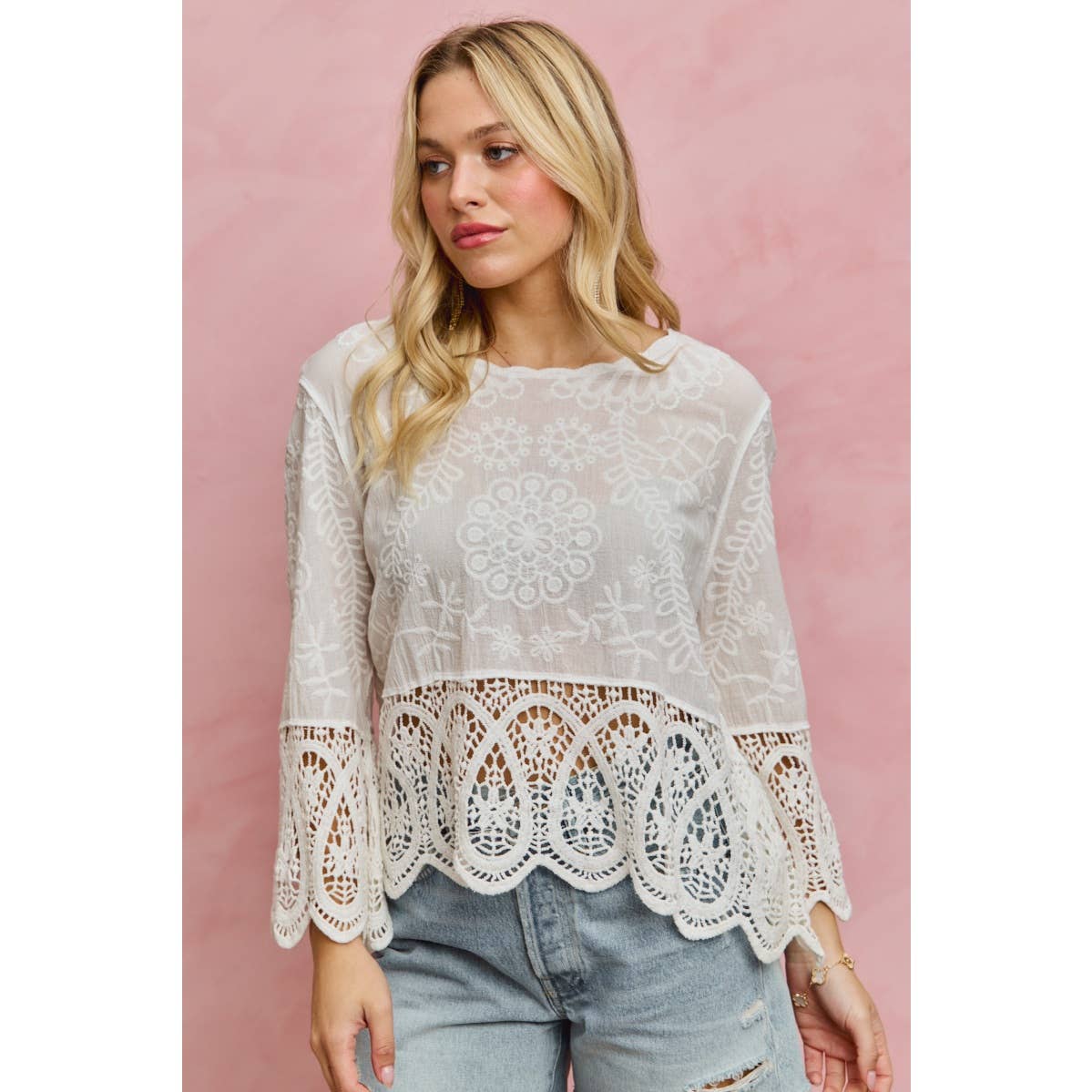 FLORAL EMBROIDERED CROCHET LACE TRIMMED TOP