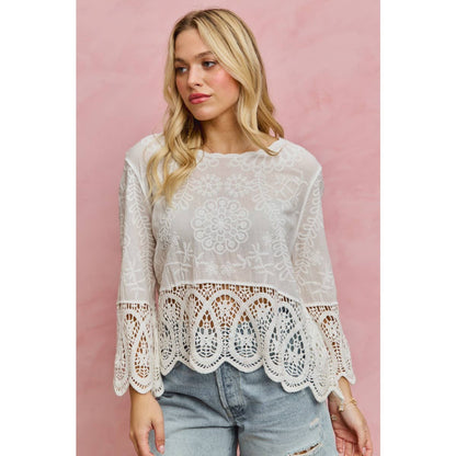FLORAL EMBROIDERED CROCHET LACE TRIMMED TOP