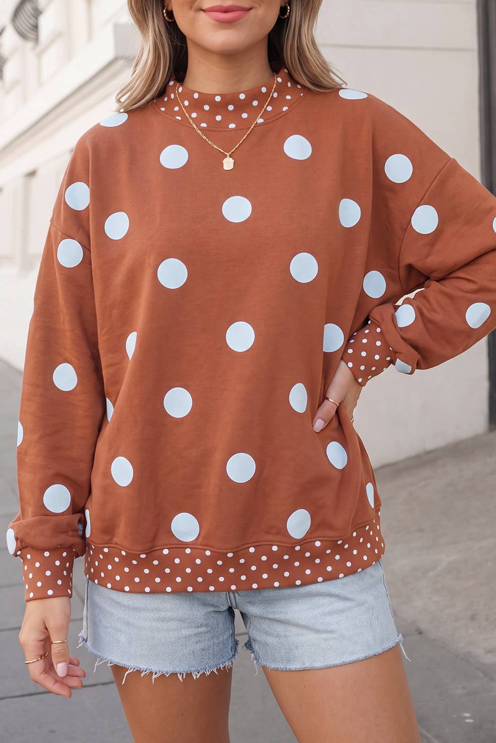Polka Dot Print Mockneck Oversized Pullover | S-XL