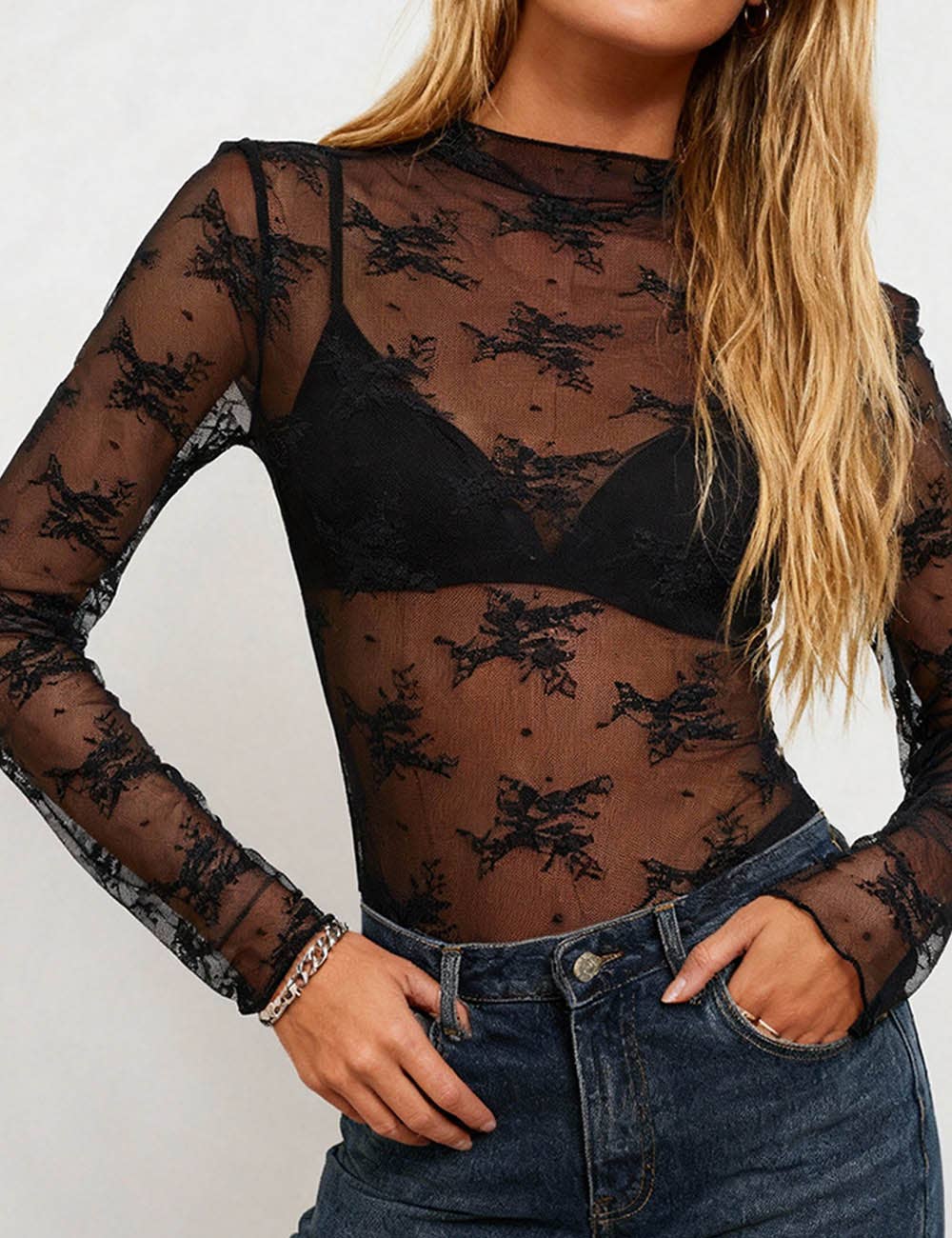 Lux Layering Floral Lace See Through Mesh Top Blouse SKT151: Black / L