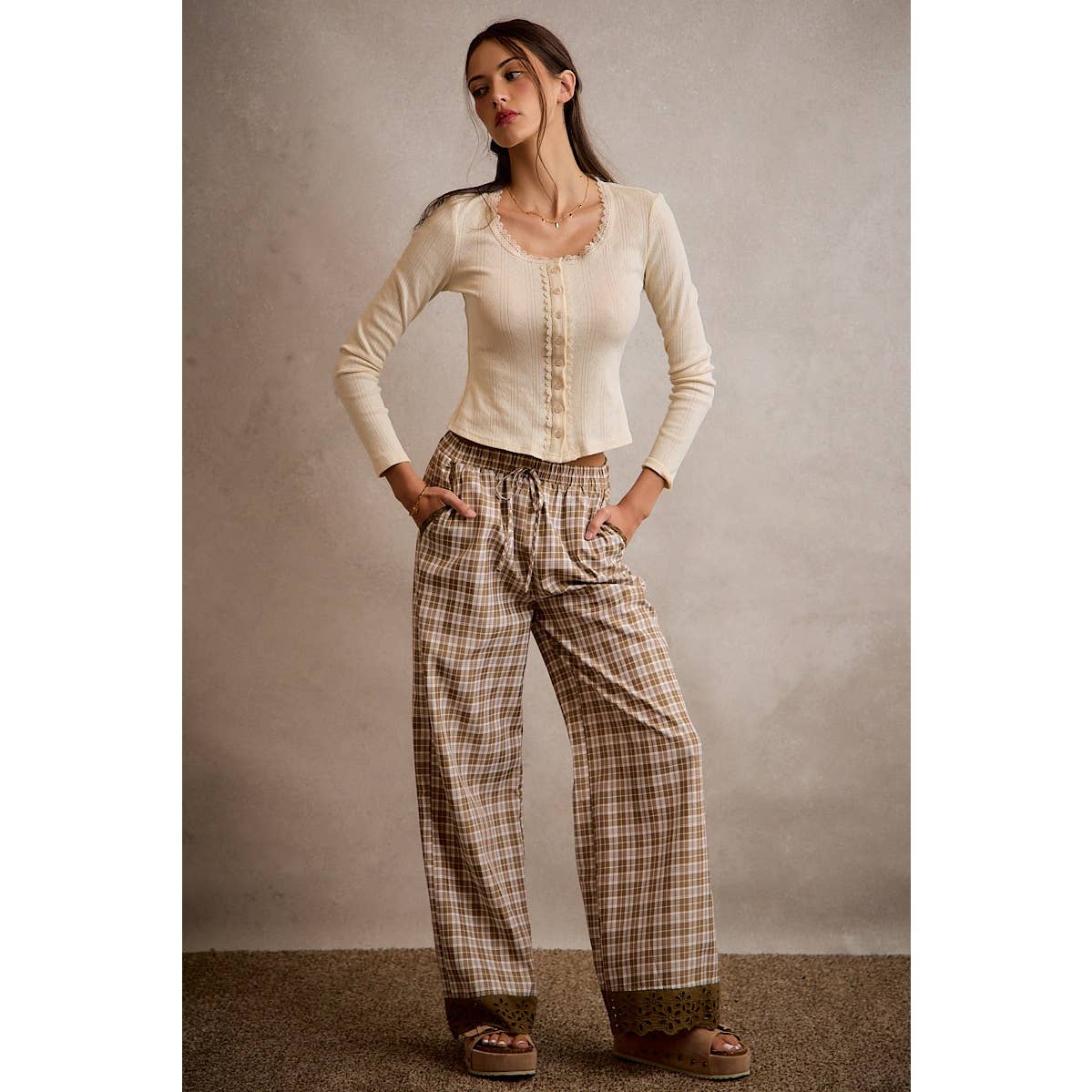 PLAID CHECK WIDE LEG PANTS