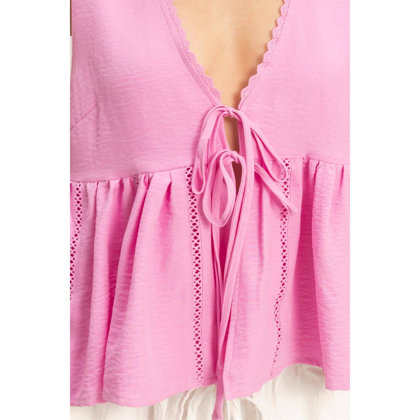 Lace Trim Tie Front Top: SAGE / S-M-L(2-2-2)