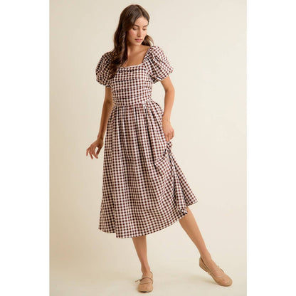 GINGHAM LACE TRIM PUFF SLEEVES LINED MIDI DRESS