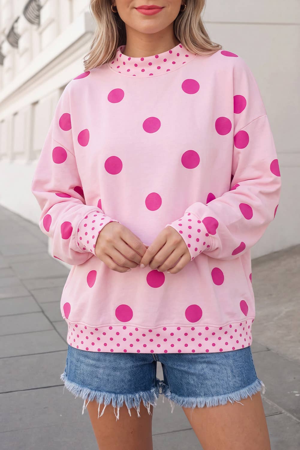 Polka Dot Print Mockneck Oversized Pullover | S-XL