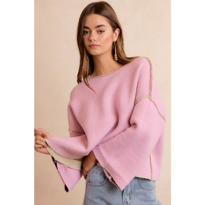 STRIPE CONTRAST BINDING AND REVERSIBLE SWEATER