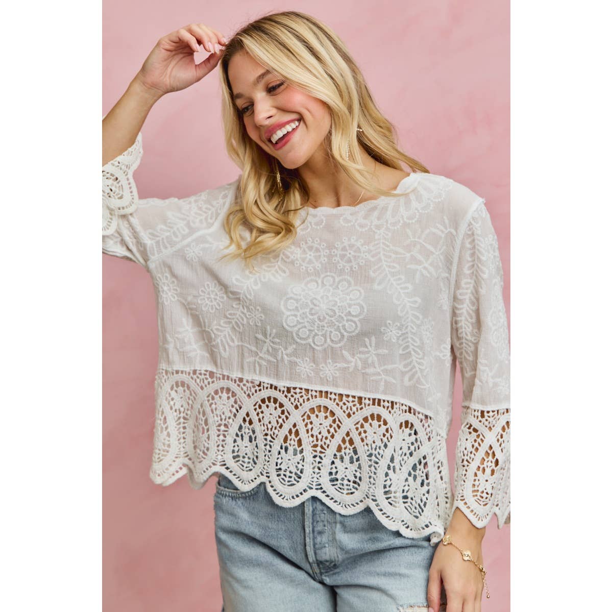 FLORAL EMBROIDERED CROCHET LACE TRIMMED TOP