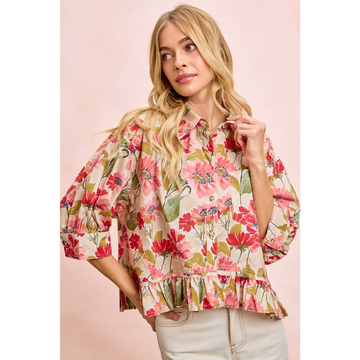 FLORAL PRINT RUFFLED HEM QUARTER SLEEVES SHIRT TOP