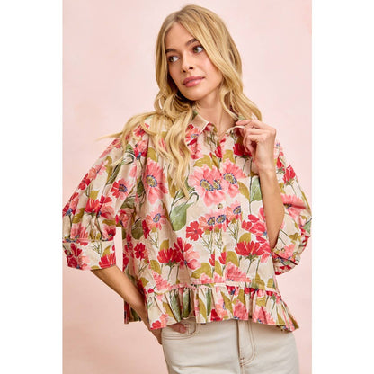 FLORAL PRINT RUFFLED HEM QUARTER SLEEVES SHIRT TOP