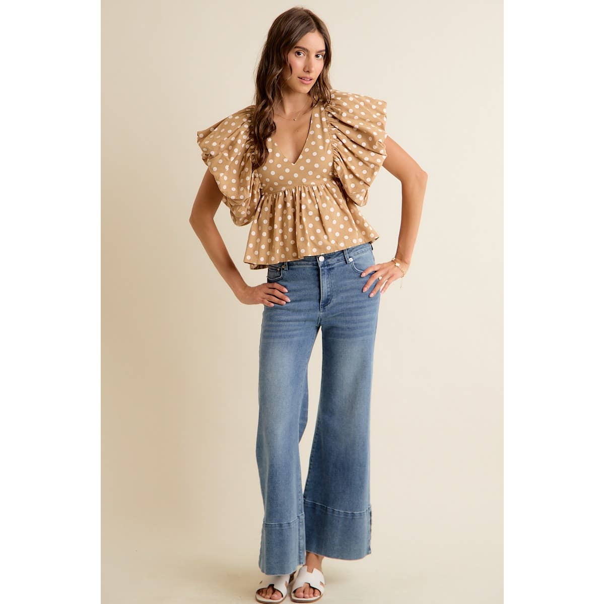 POLKA DOT BUBBLE SLEEVES BACK SMOCKED LINED BLOUSE TOP