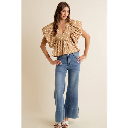 POLKA DOT BUBBLE SLEEVES BACK SMOCKED LINED BLOUSE TOP