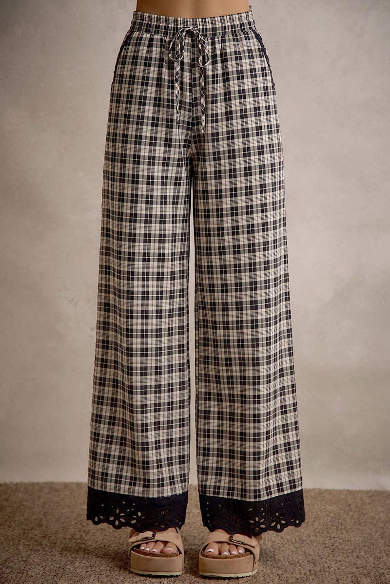 PLAID CHECK WIDE LEG PANTS