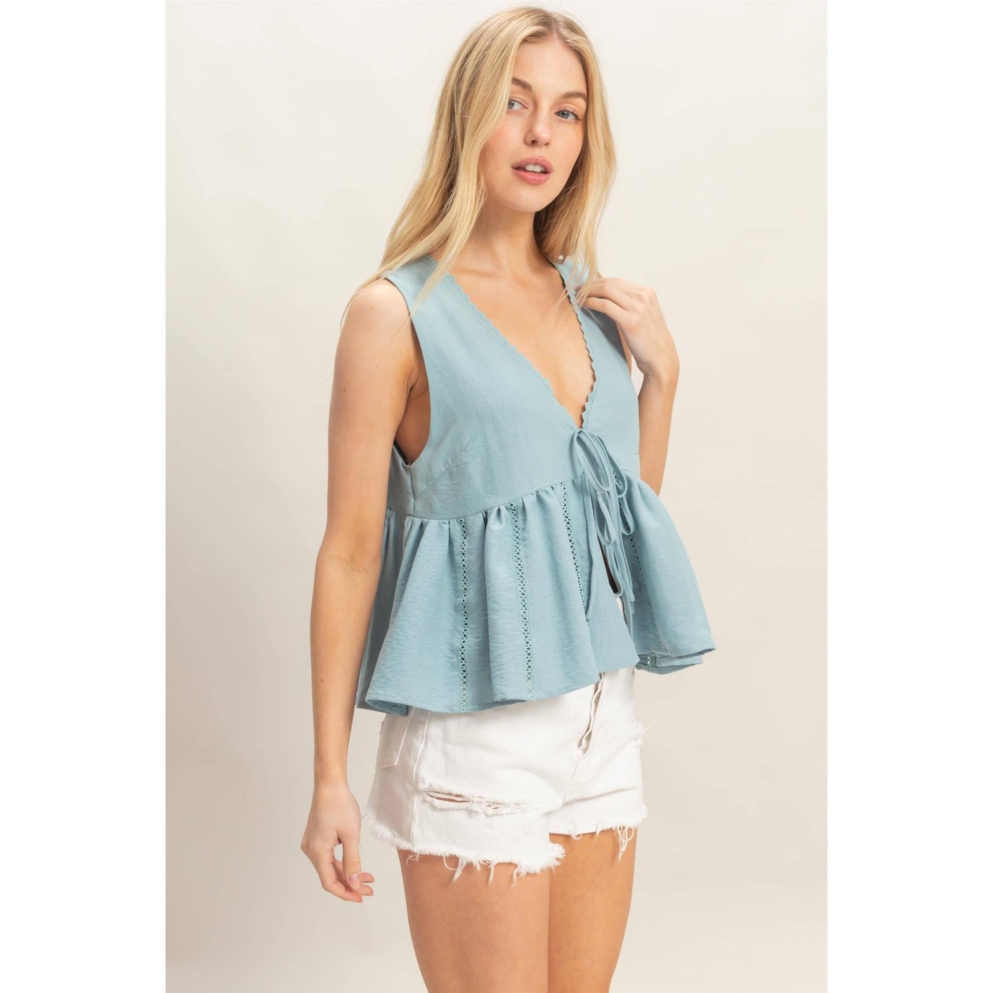 Lace Trim Tie Front Top: SAGE / S-M-L(2-2-2)