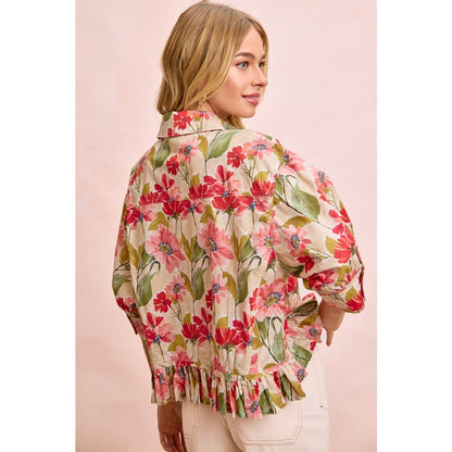 FLORAL PRINT RUFFLED HEM QUARTER SLEEVES SHIRT TOP