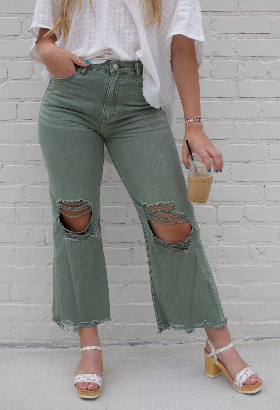 Olive Green Wide Leg Distressed Jeans