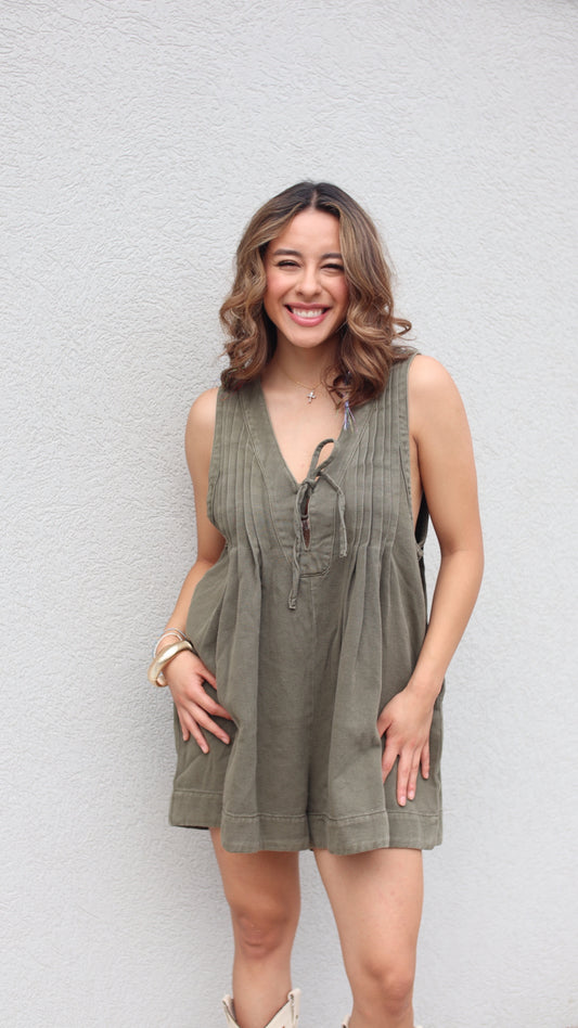 Pleated Olive Romper