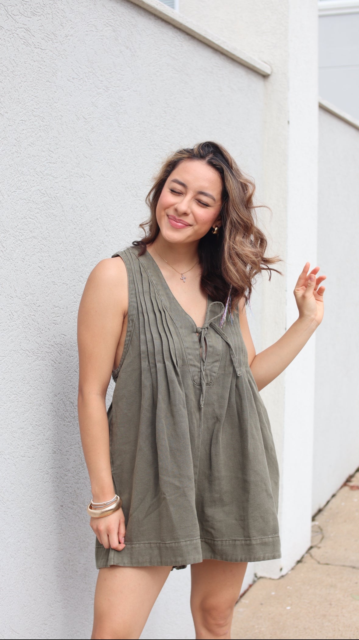 Pleated Olive Romper