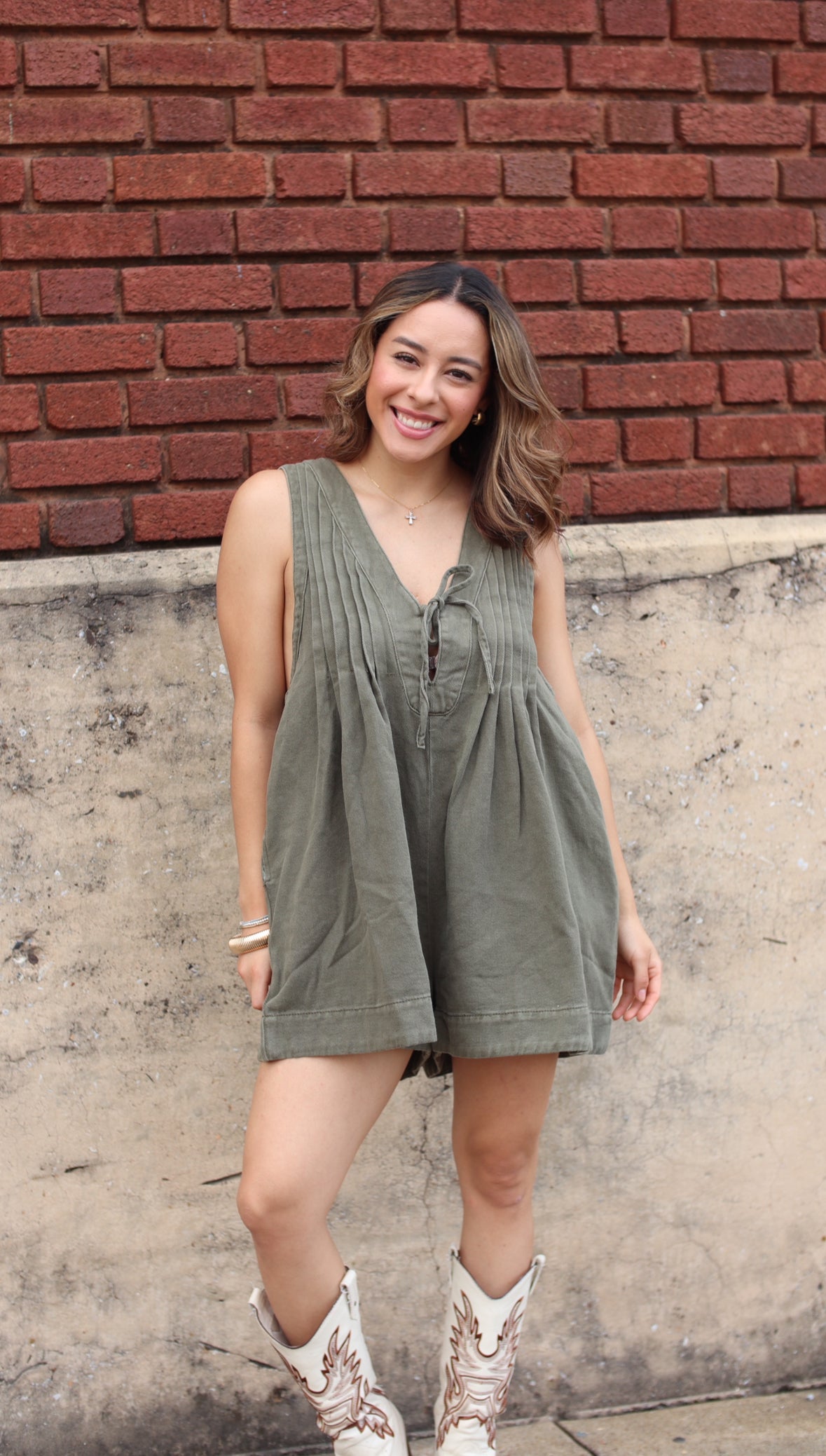 Pleated Olive Romper