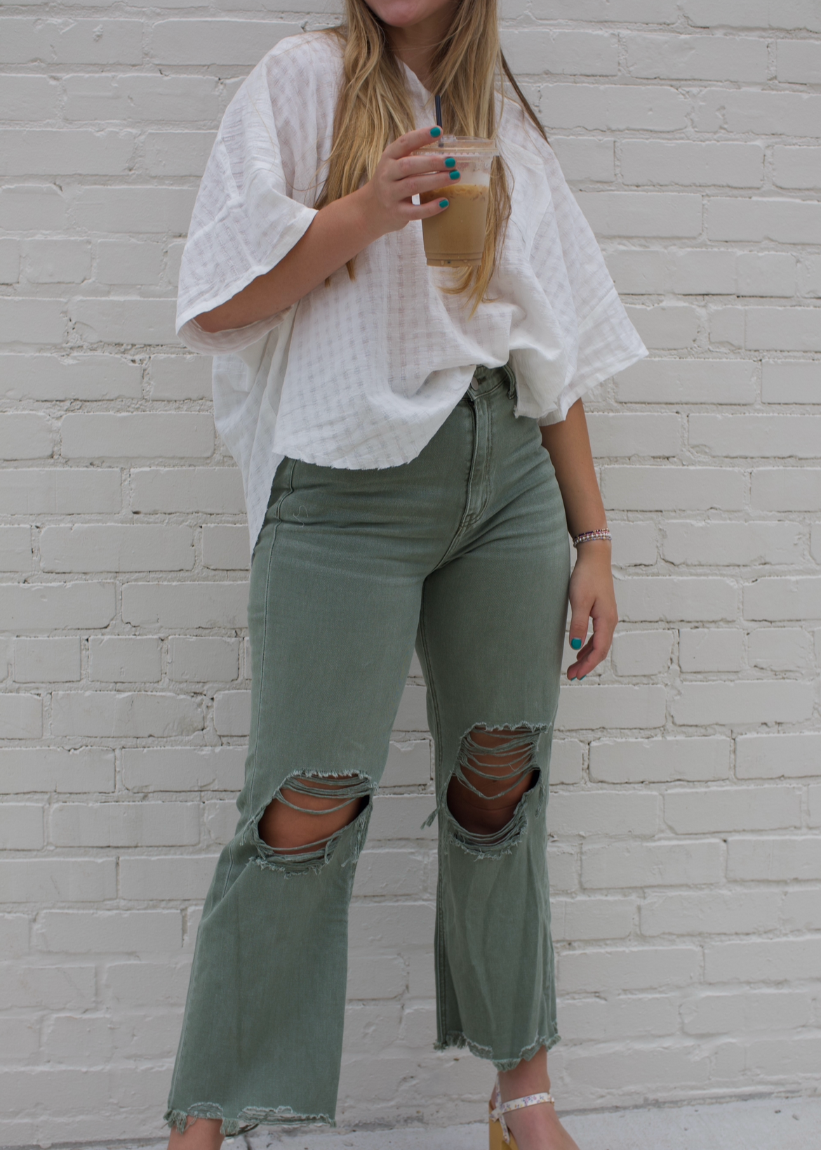 Olive Green Wide Leg Distressed Jeans
