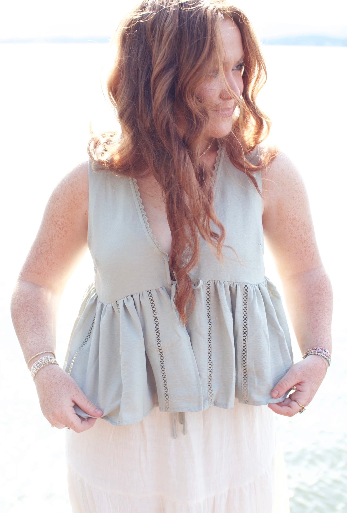 Lace Trim Tie Front Top