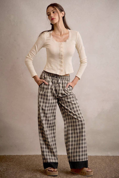 PLAID CHECK WIDE LEG PANTS