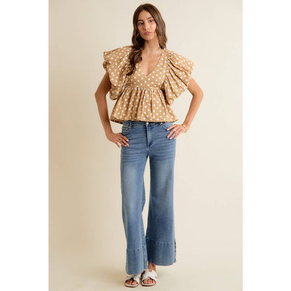 POLKA DOT BUBBLE SLEEVES BACK SMOCKED LINED BLOUSE TOP