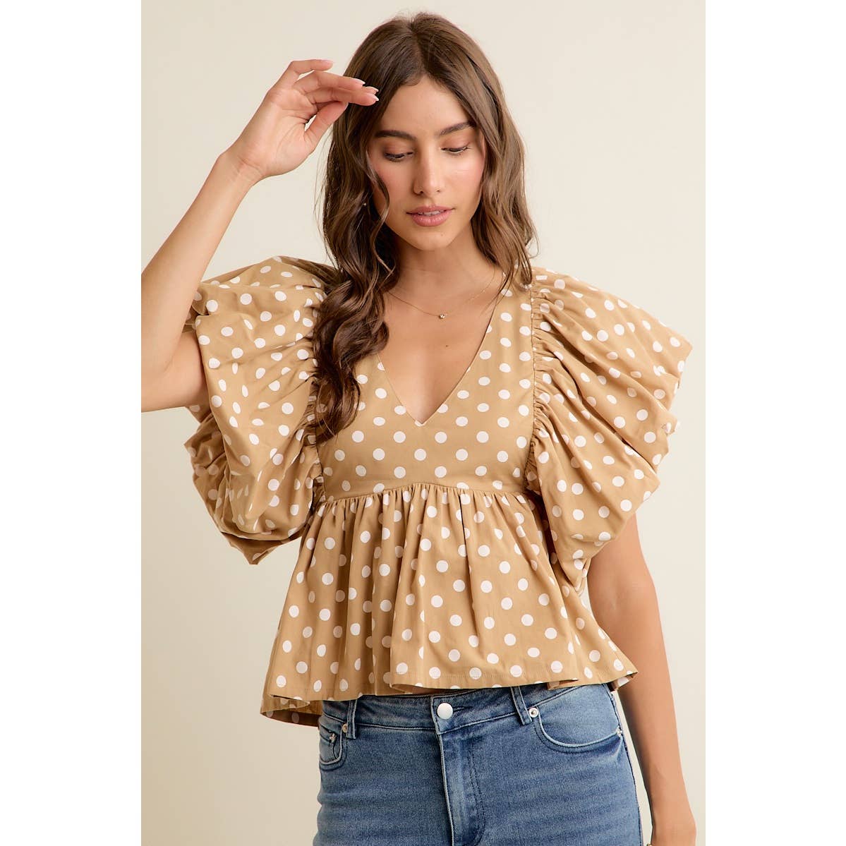 POLKA DOT BUBBLE SLEEVES BACK SMOCKED LINED BLOUSE TOP