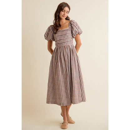 GINGHAM LACE TRIM PUFF SLEEVES LINED MIDI DRESS