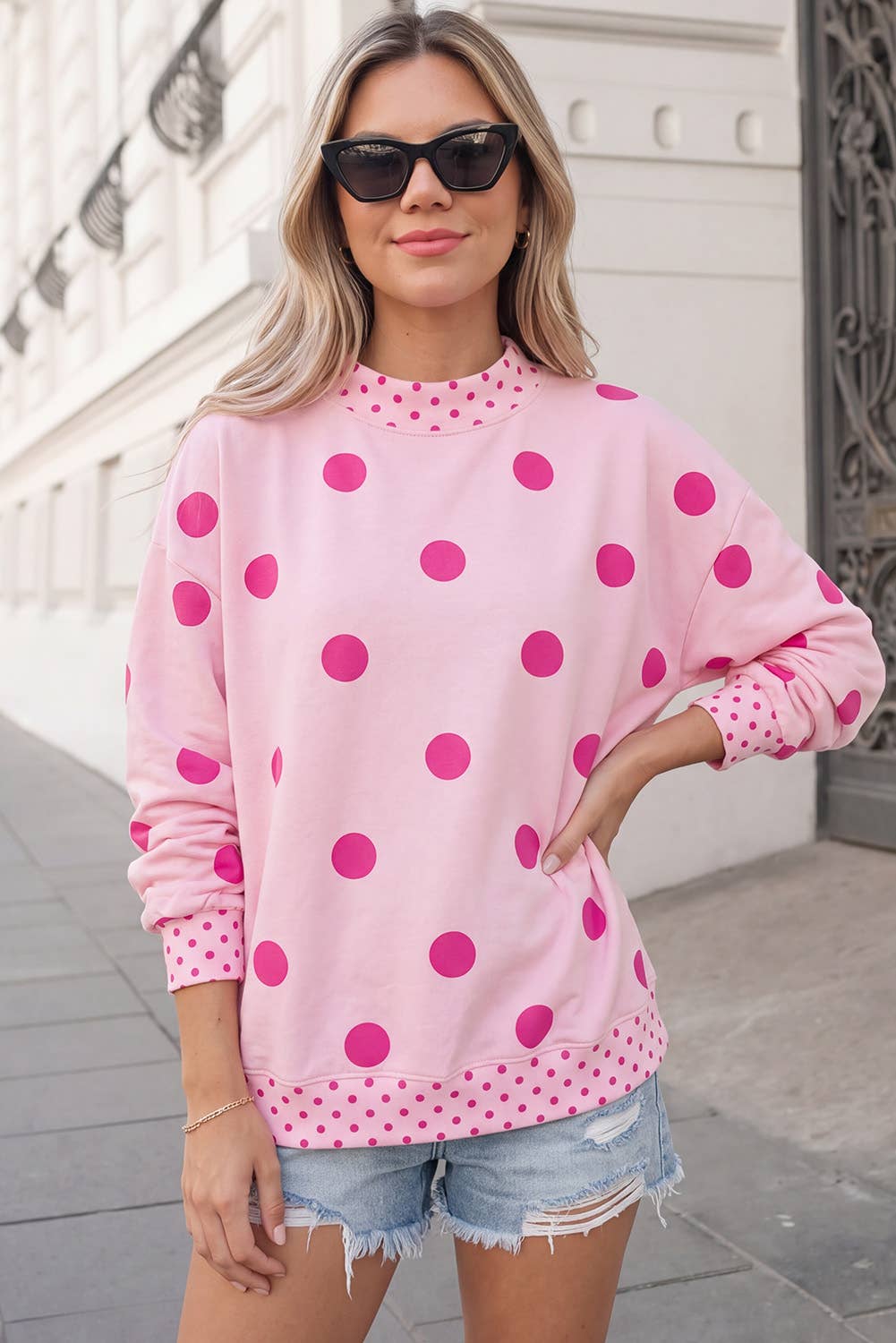 Polka Dot Print Mockneck Oversized Pullover | S-XL