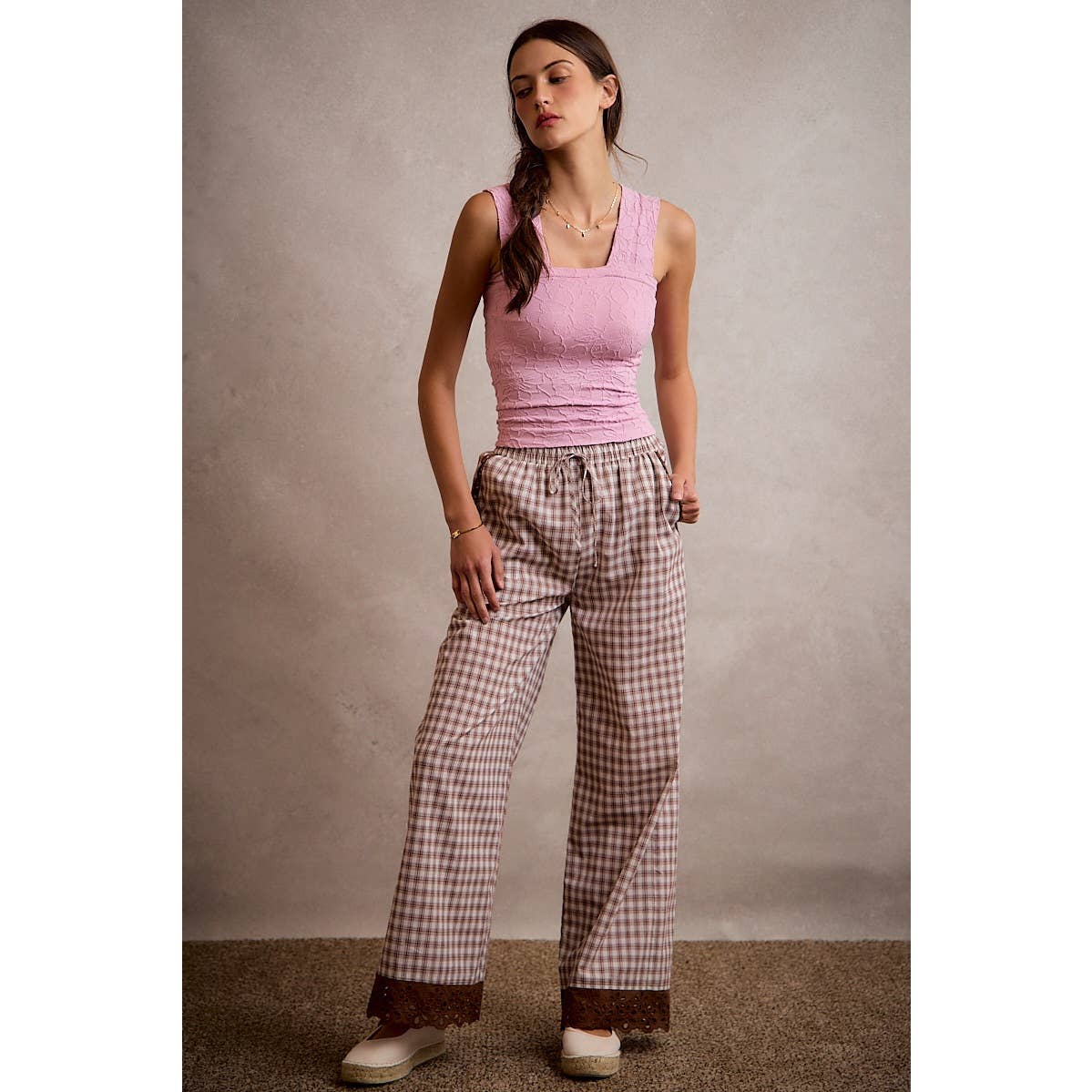 COTTON PLAID CHECK WIDE LEG PULL ON PANTS WITH LACE TRIM