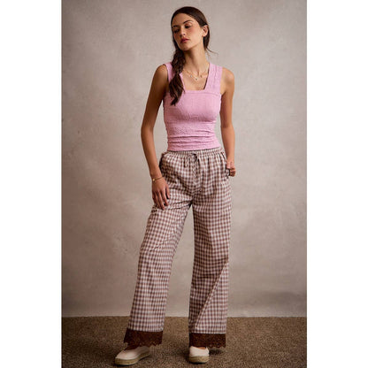 COTTON PLAID CHECK WIDE LEG PULL ON PANTS WITH LACE TRIM