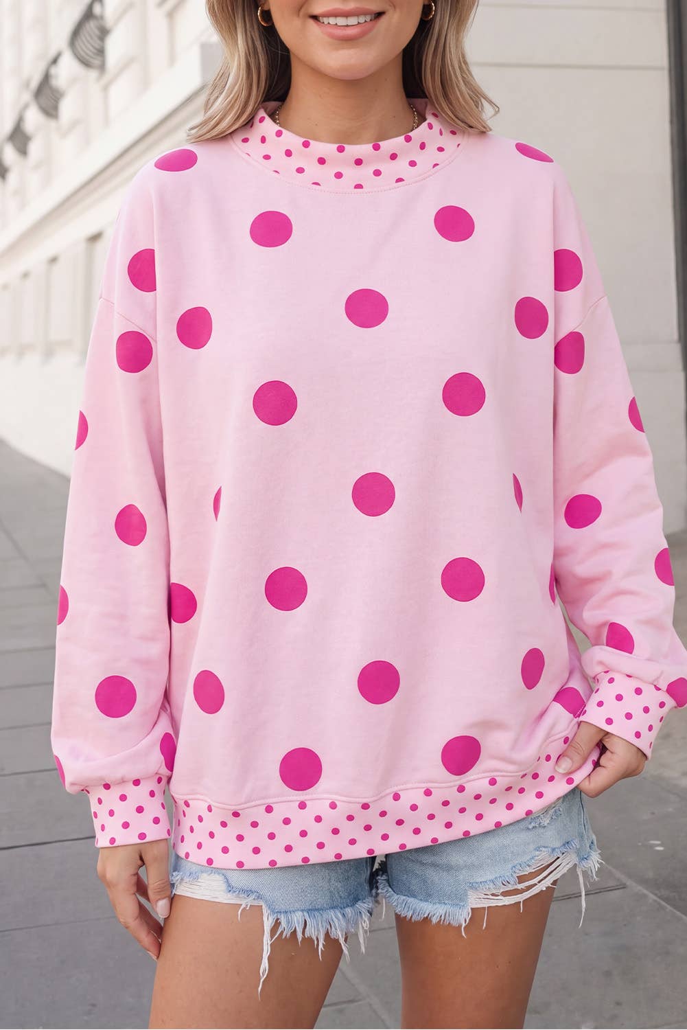 Polka Dot Print Mockneck Oversized Pullover | S-XL