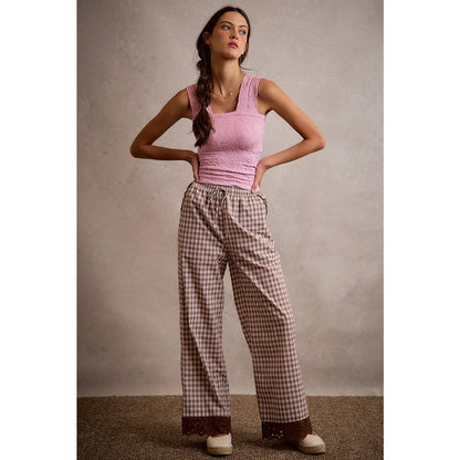 COTTON PLAID CHECK WIDE LEG PULL ON PANTS WITH LACE TRIM