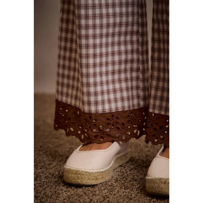 COTTON PLAID CHECK WIDE LEG PULL ON PANTS WITH LACE TRIM