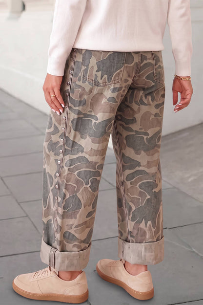 Camo Print Studded Straight Jeans