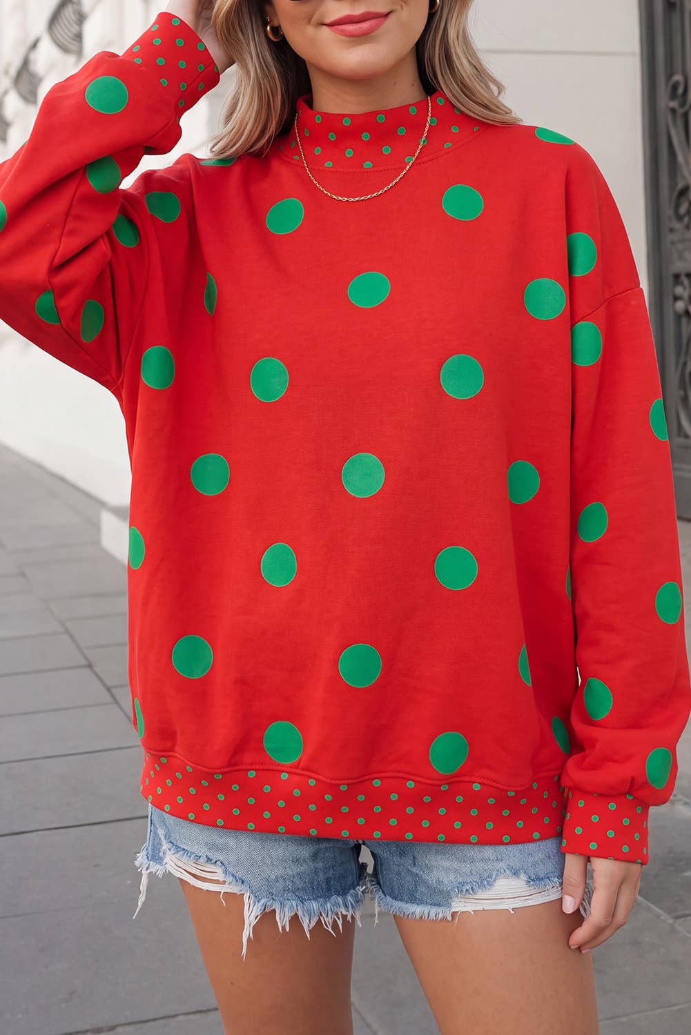 Polka Dot Print Mockneck Oversized Pullover | S-XL