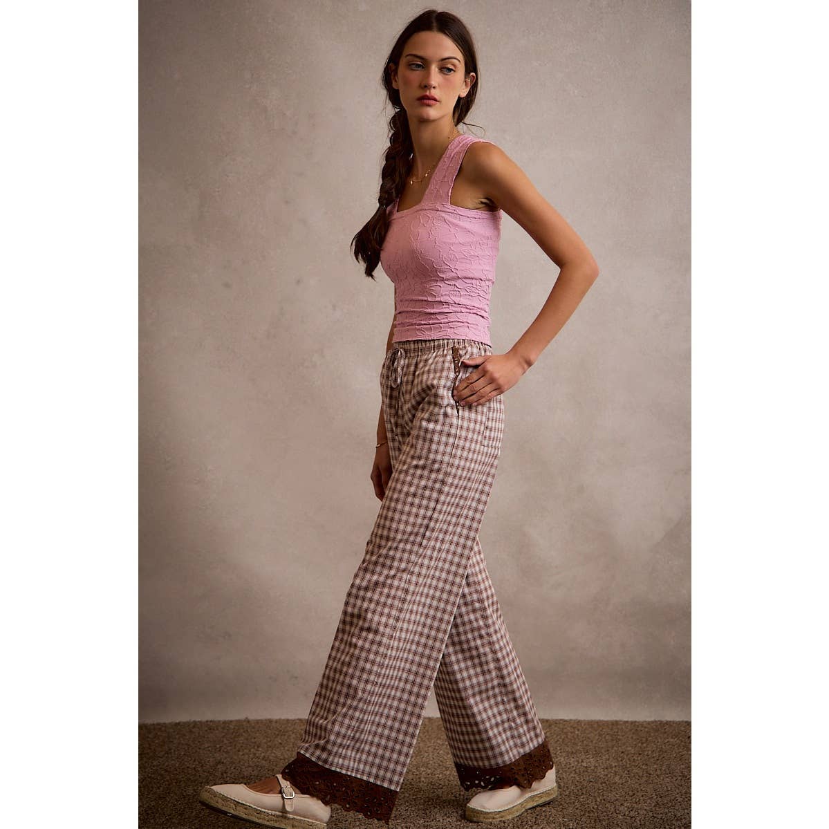 COTTON PLAID CHECK WIDE LEG PULL ON PANTS WITH LACE TRIM