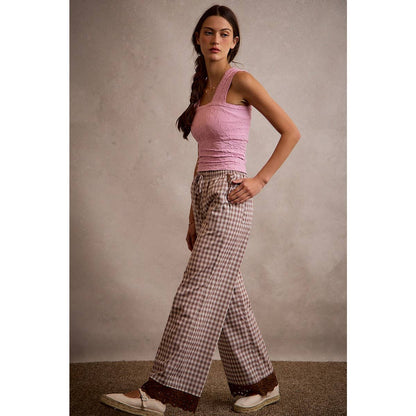 COTTON PLAID CHECK WIDE LEG PULL ON PANTS WITH LACE TRIM