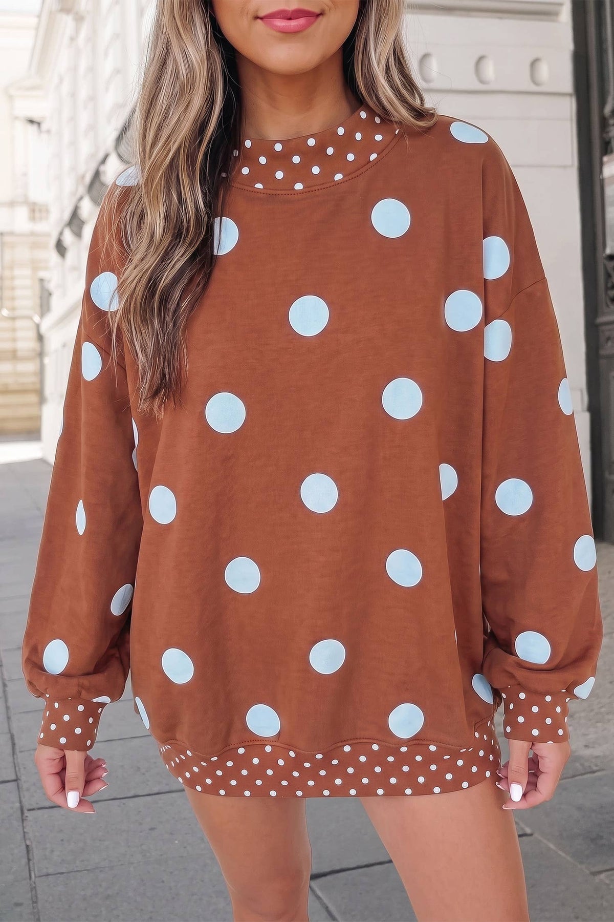 Polka Dot Print Mockneck Oversized Pullover | S-XL