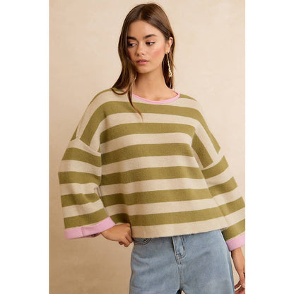 STRIPE CONTRAST BINDING AND REVERSIBLE SWEATER