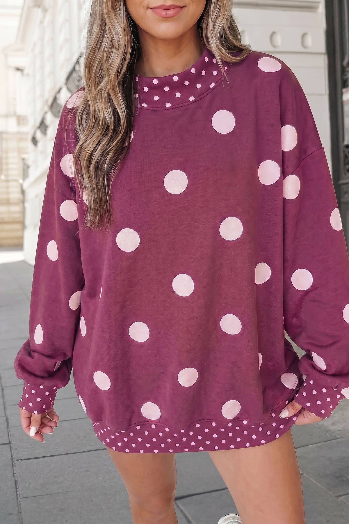 Polka Dot Print Mockneck Oversized Pullover | S-XL