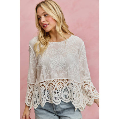FLORAL EMBROIDERED CROCHET LACE TRIMMED TOP