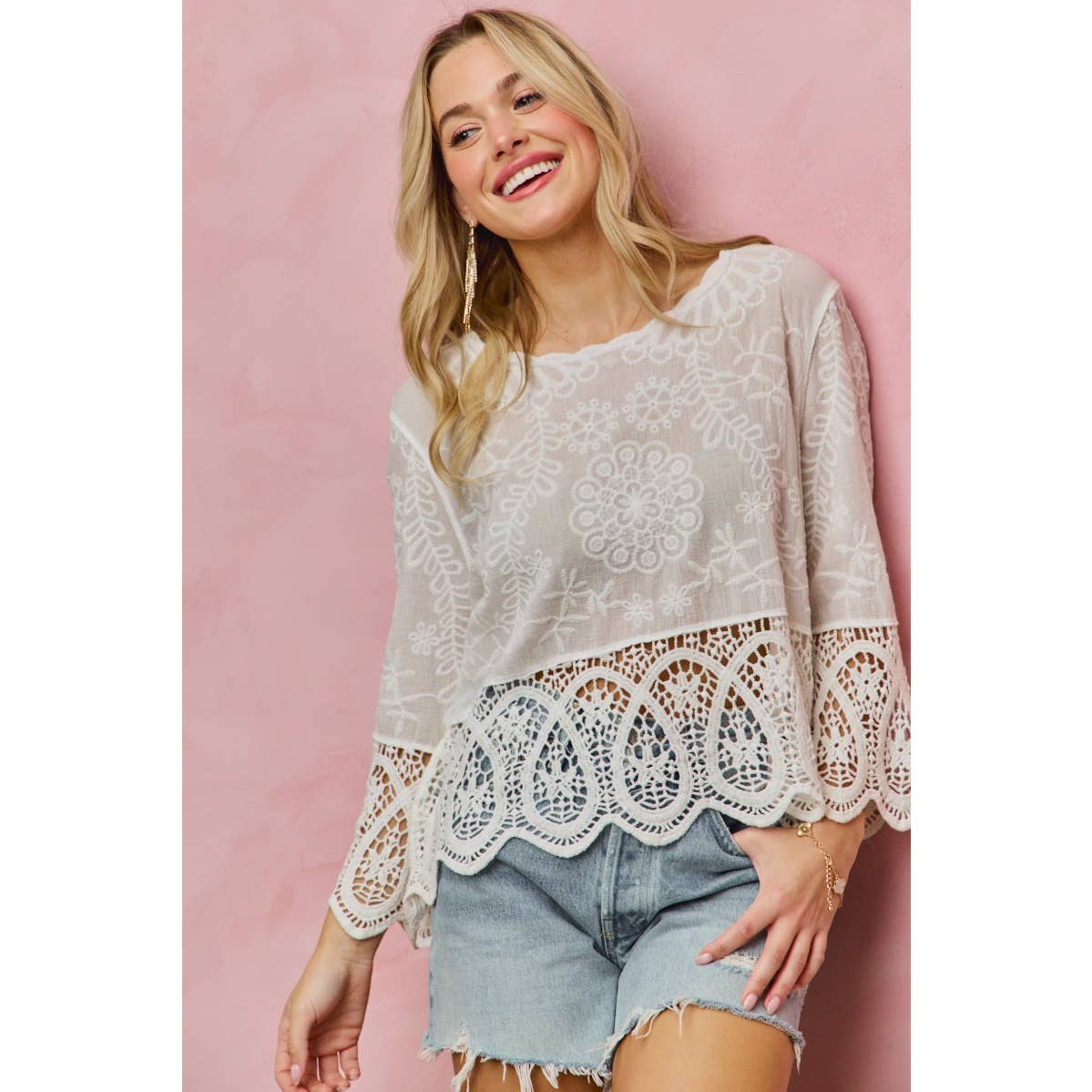 FLORAL EMBROIDERED CROCHET LACE TRIMMED TOP