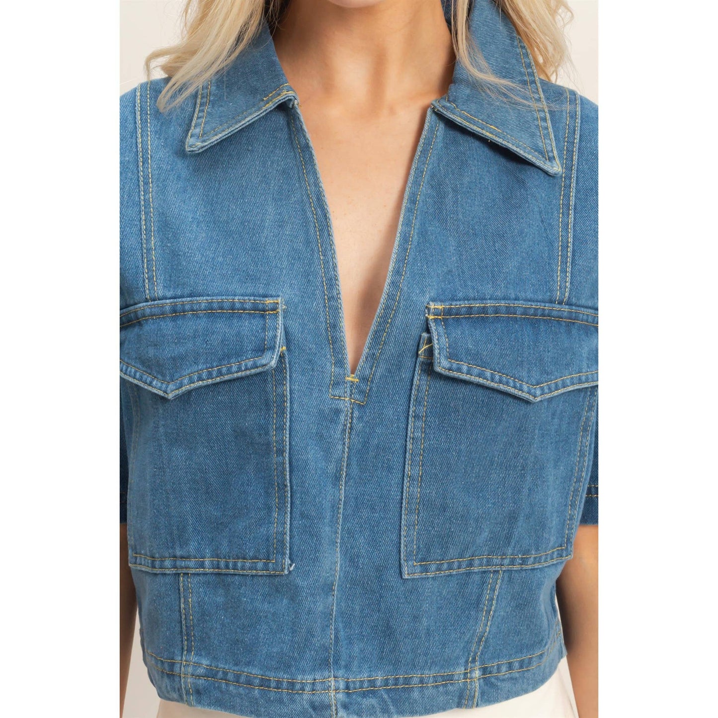 Denim V-Neck Cropped Top